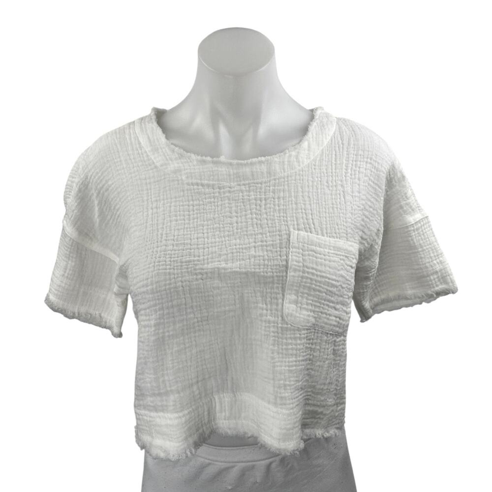 New In White Cotton Gauze Frayed Edges Pocket Short Sleeve Crop Tee Shirt Top XS